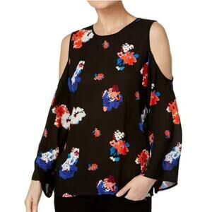 Vince Camuto Floral Cold Shoulder Blouse Pullover Top Flowy Black Size Medium